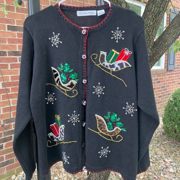 Victoria Jones Ugly Christmas Cardigan Sleigh Presents Holiday Sweater - Picture 1 of 8